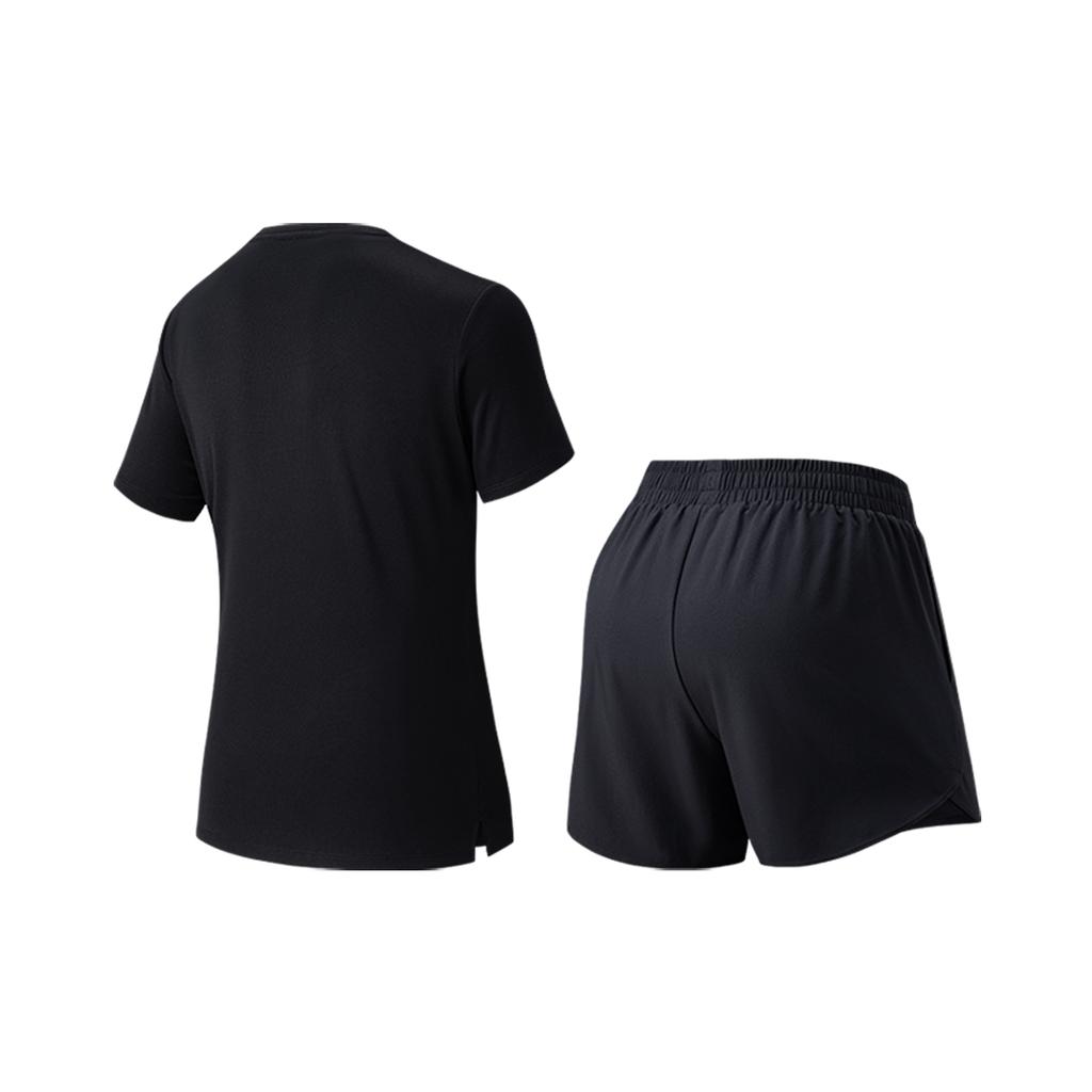 Anta Plain Round Neck Pullover Short Sleeve Sports Set Comfortable Feather Tennis Running Training Shorts Women sets Basic-Black 962627208-5
