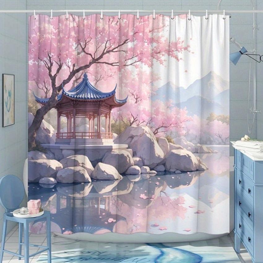 

Zen Garden With Pagoda And Cherry Blossoms Shower Curtain - Water-Resistant, Easy To Clean, Adds A Peaceful And Oriental W60H190(CM)-1 Pcs