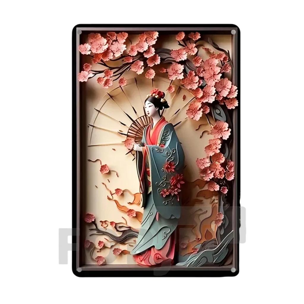 2D Japanisches Kunstposter Kimono Kirschblüten, elegantes Retro Geisha Metallschild, Zuhause, Zimmer, Büro, Izakaya, Café, Studio Wanddekor