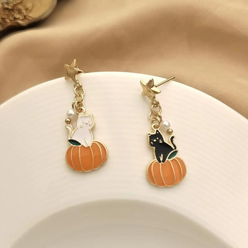 Cute Cat Pumpkin Cartoon Earrings For Women Funny Black White Kitten Fishbone Bowknot Dangle Earring Girls Christmas Party Gifts