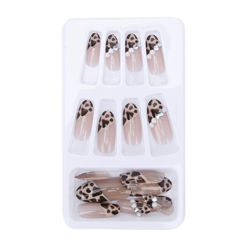 24pcs Leopard Print Faux Pearl False Nails Girls Full Cover Fake Nail Tip Manicure Tool