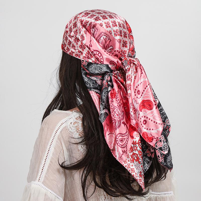 Square Silk Scarves Fashion Women Hijab Shawls Cashew Flower Print Kerchief Femme Head Scarf Foulard Bandana Beach Pareo 90*90Cm