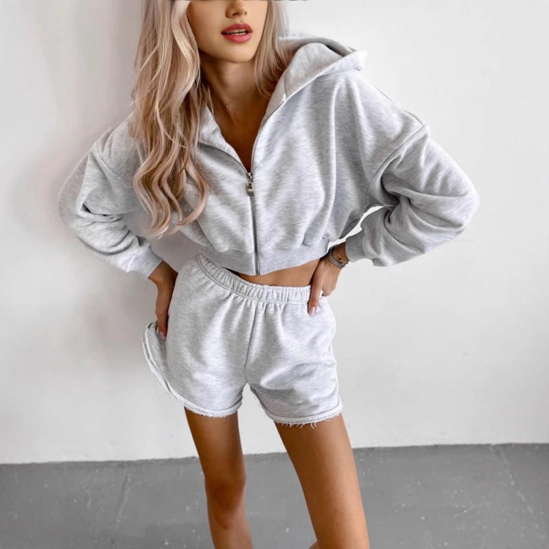 Womens Casual 2-Piece Set: Long Sleeve Hooded Zip-Up Sweatshirt Shorts Cotton Blend Street Style
