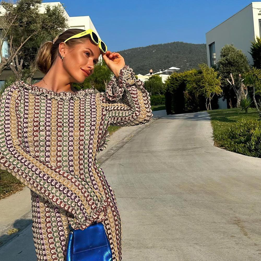 Vestido Largo de Punto a Rayas en Contraste de Manga Larga para Mujer Moda Casual Vestidos Maxi sin Espalda Vacaciones de Playa Elegantes Vestidos