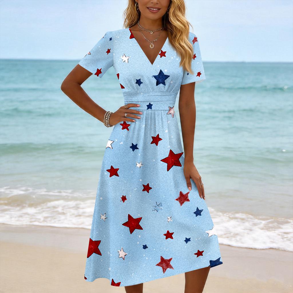 Independence Day Dress Womens V Neck Short Sleeve Midi Dress with Star Print Independence Day Dress Independence Day Dress