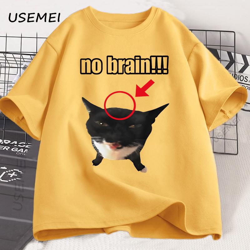 No Brain Cat T-Shirt Funny Unisex Tee Cat Lovers Joke Humor Cute Kawaii Tshirt Male Casual Short Sleeve Tees Mens Clothing