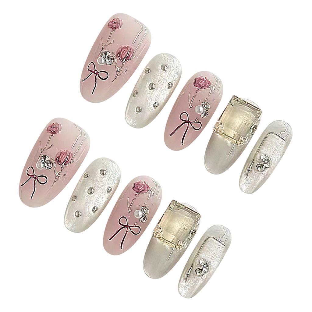 10Pcs Pearl Bowknot Artificial Nails With Rhinestones For Women