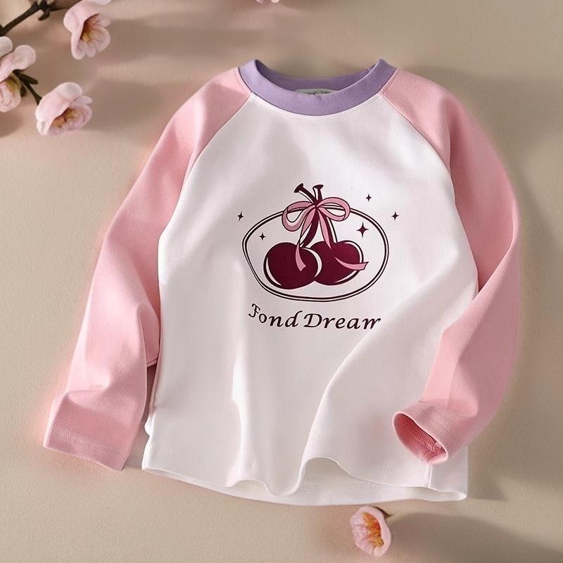 Girls Spring Autumn Cotton Long Sleeve T Shirt Korean Raglan Block Print Round Neck Top 80