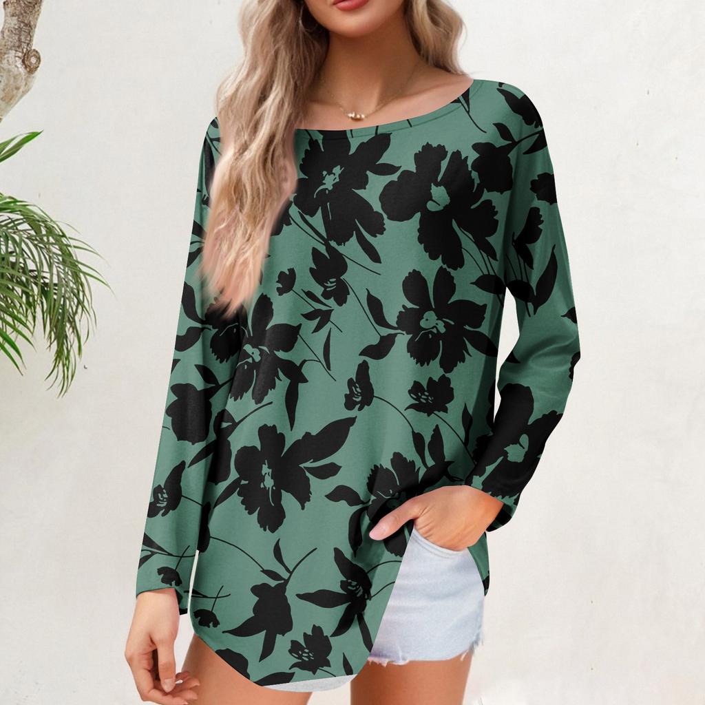Women's Loose Casual Flower Printed Round Neck Long Sleeved T Shirt Top Pullover Long Sleeved Sweatshirt