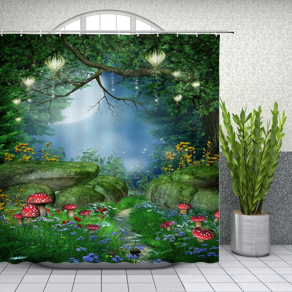 Natural Scenery Shower Curtains Green Tree Floral Plant Landscape Pattern Spring Summer Bathroom Decor Polyester Cloth Curtain