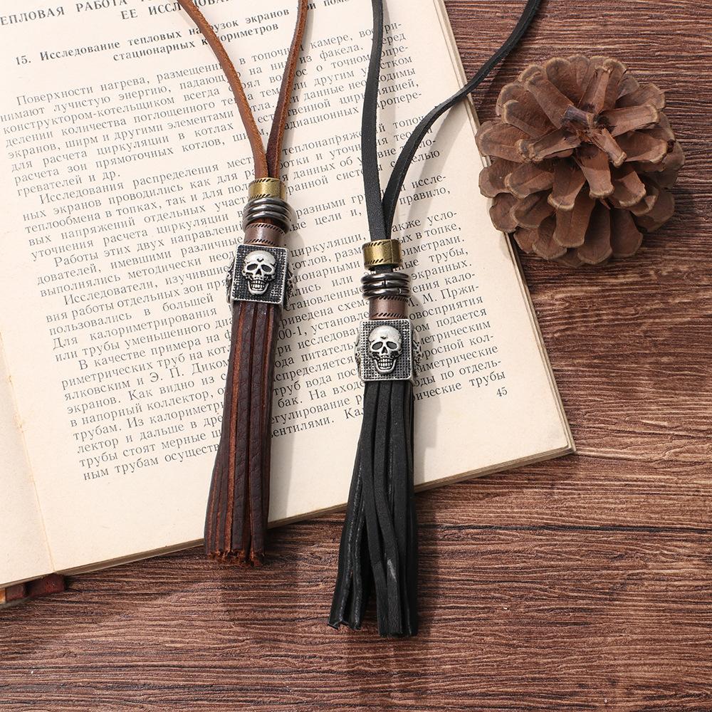 JMXD Genuine Leather Skull Pendant Long Cord Necklace Fashion Retro British Street Style Unique Accessory for Men Women