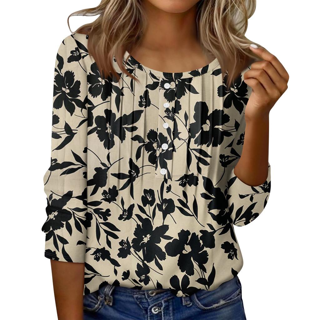 Women's Round Neck Pull Stripe Decorative Button Top Casual Color 3/4 Sleeve T Shirt