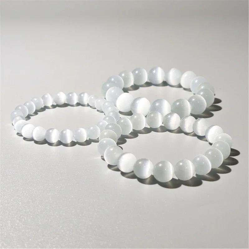 Natural White Cat Eyes Stone Bracelet Women 6/8/10mm Smooth Beaded Braslet Gifts For Lovers Moonstone Braclet