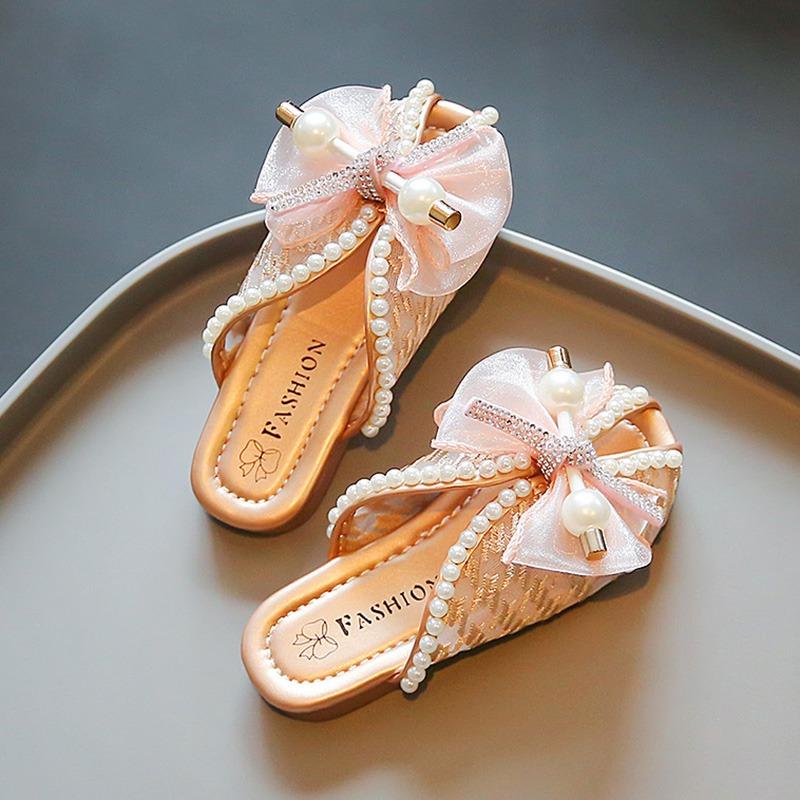 

Детские летние тапочки для девочек в стиле принцессы, милые домашние тапочки с жемчужной сеткой и бантом, нескользящие детские домашние тапочки с мягкой подошвой для девочек, сандалии 26