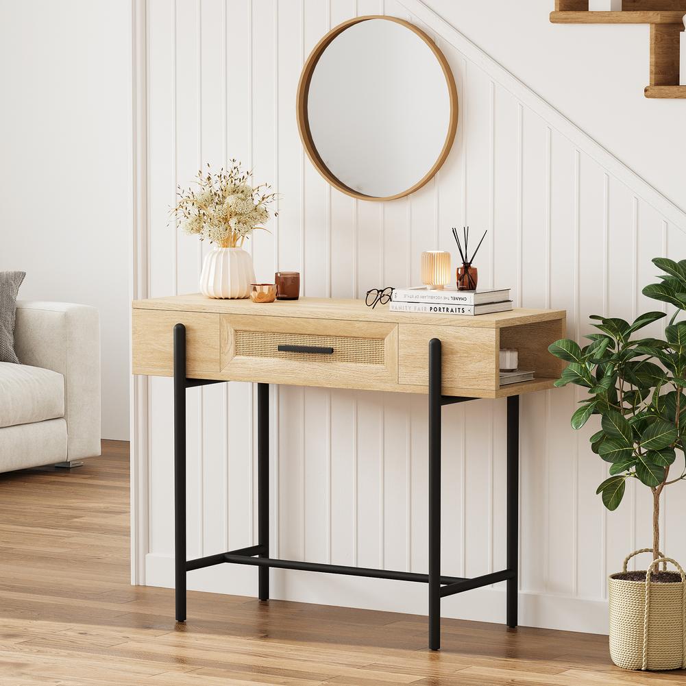 Rattan Console Table Rustic Sofa Tables Narrow Entryway Table with Drawer Storage Home Furniture for Living Room Bedroom Hallway