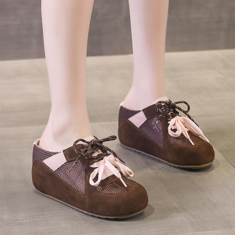 Non-heeled Semi-drag Women's Summer New Round Toe Light Mouth Color Block Hollow Out Breathable Mesh Anti-slippery Heel Shoes