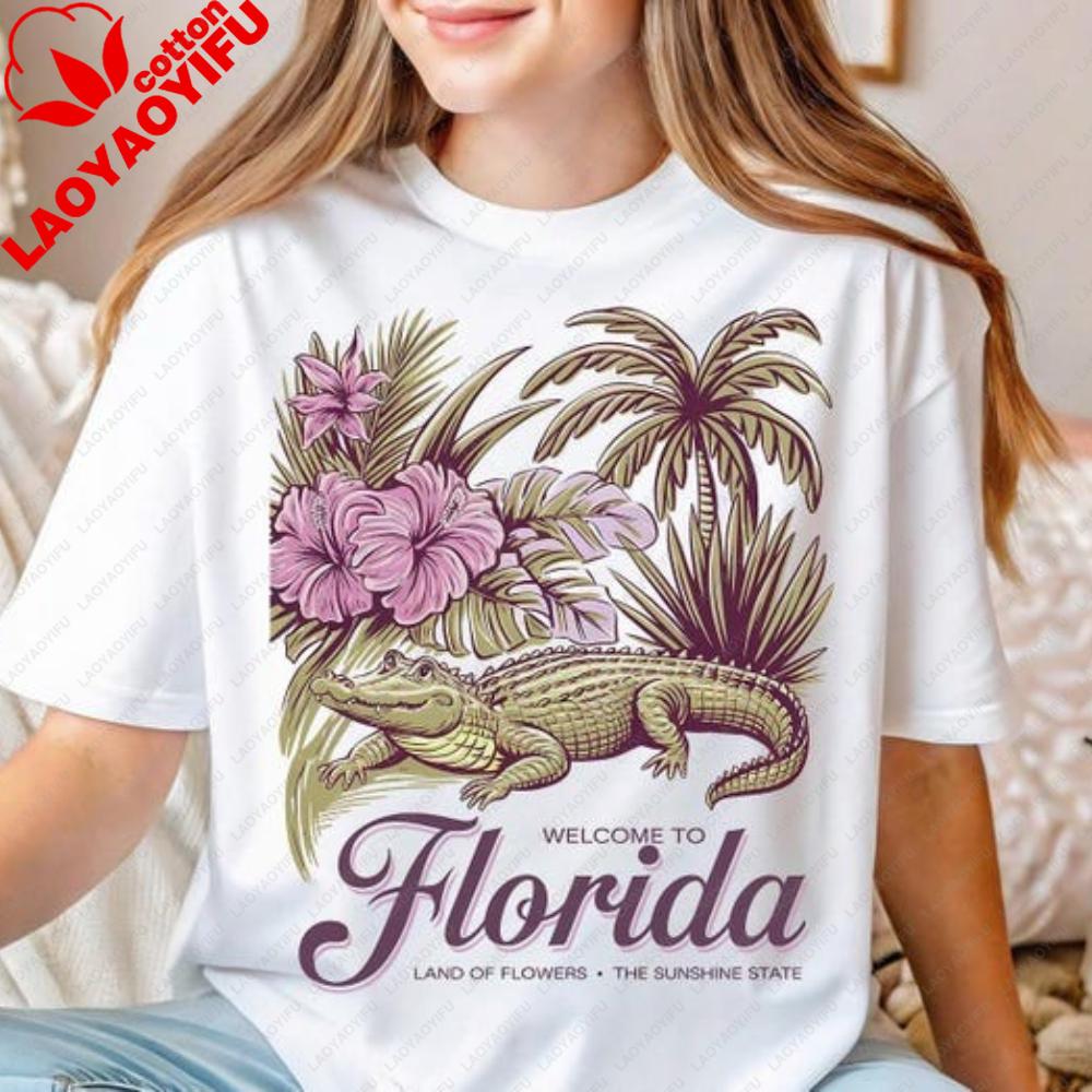 Welcome To Florida Shirt Land Of Flowers TShirt Alligator Palm Tree Printed Tshirt Sunshine State Casual Unisex Cotton Outfit S
