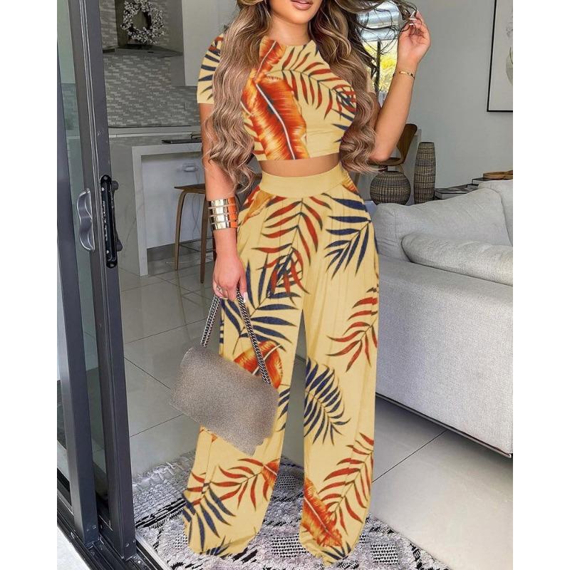 YYFS Women's Fashion Casual Summer Spring Solid Color Print Short Sleeve O-Neck Trousers Pants Suits