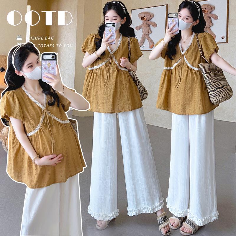 “In-Stock Summer 2026 Puff Sleeve V-Neck Crochet Top & Wide-Leg Pants Maternity Set” M