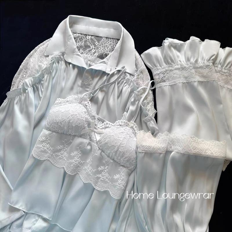 Sexy Pajamas Women's Spring and Summer Ice Silk Pure Desire Wind with Chest Pad Can Be Worn Outside Shirt Suspender Four-piece Set Loungewear