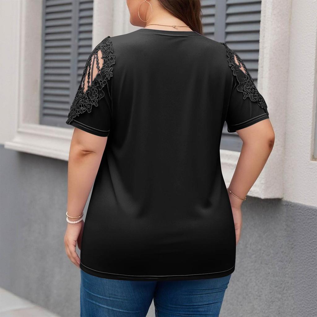 Plus Size Women's Fashion Casual Loose Elegant Off-shoulder Hollow-out Short-sleeve T-shirt Top