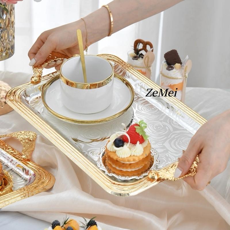European-Style Rectangle Cake Plate,Carving Rose Home Portable Metal Fruit Tray,Large Size Storage Plate Wedding Decoration