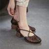Johnature Genuine Leather French Cross Belt High Heel Sandals Fashionable Versatile Coarse Heel Women's Shoes