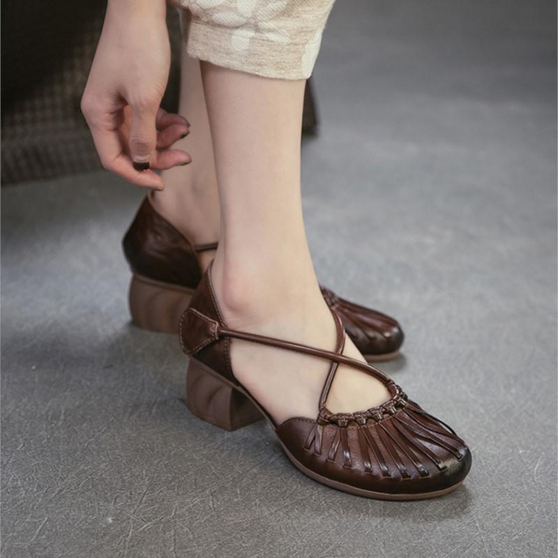 Johnature Genuine Leather French Cross Belt High Heel Sandals Fashionable Versatile Coarse Heel Women's Shoes