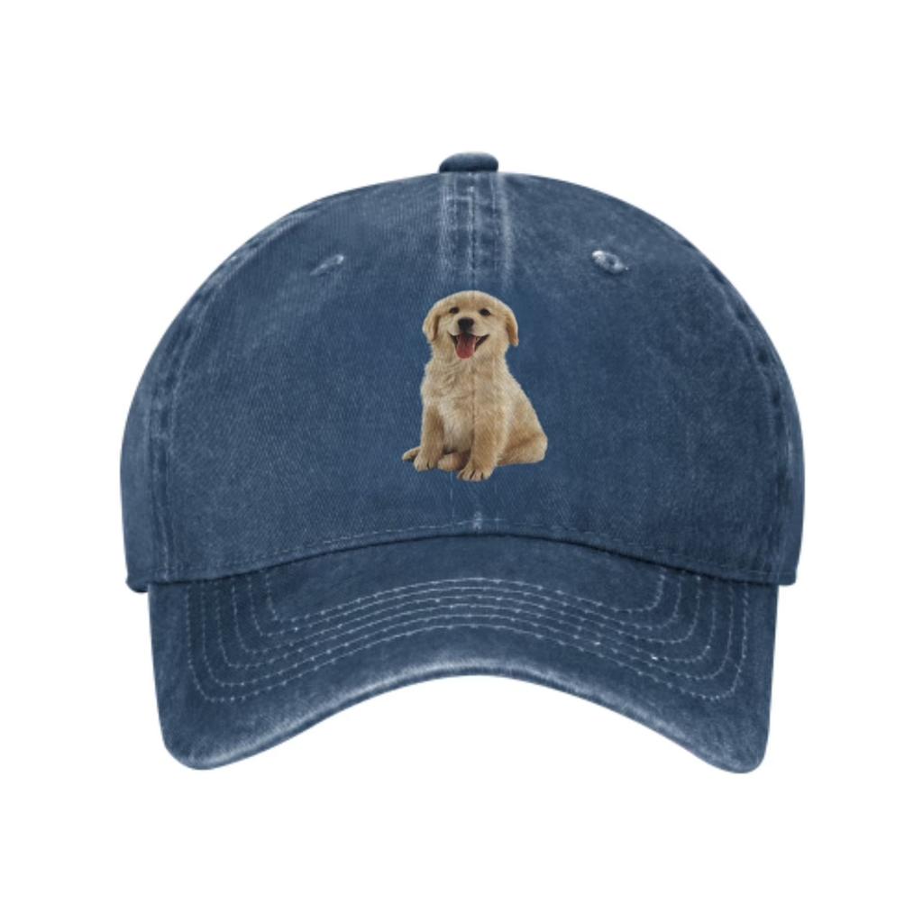 Cute Golden Retriever Puppy Graphic Washed Denim Baseball Cap Adjustable Casual Outdoor Hat