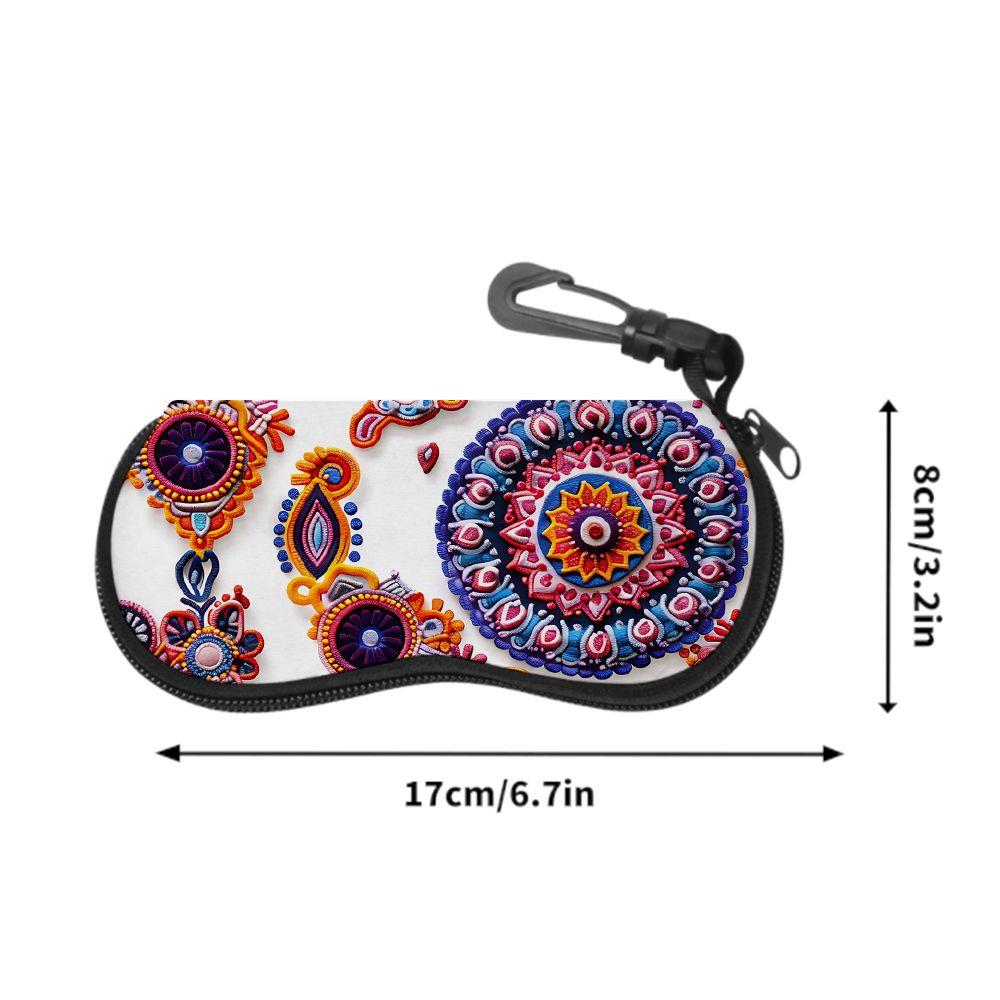 2D-Boho Floral Pattern Zipper Sunglasses Case, Decorative Mandala Print Eyewear Protective Holder, Portable Travel Spectacle Box Organizer Gift