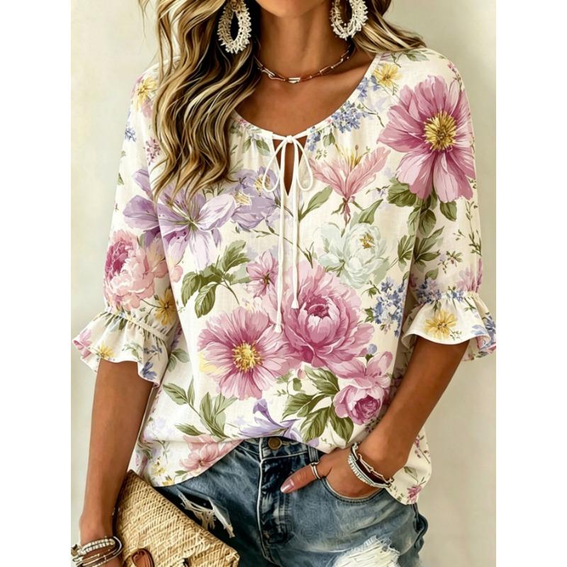 Women's Pink Floral Embroidered Tie Neck Blouse, Casual Loose Tops for Spring Summer Daily Wear & Vacation Occasions