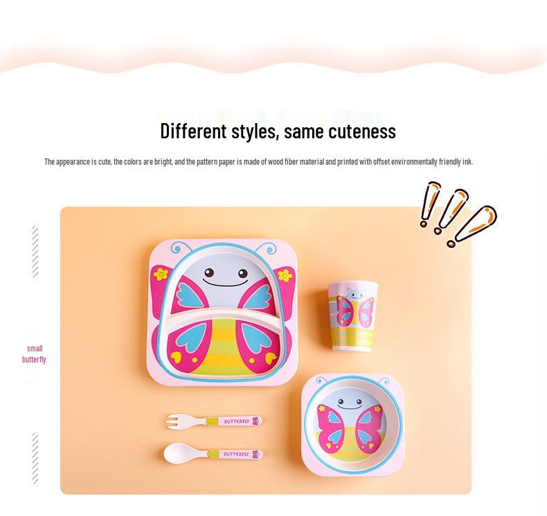 Kreativní dětská jídelní sada z bambusového vlákna - Pěti dílný kreslený design pro děti.