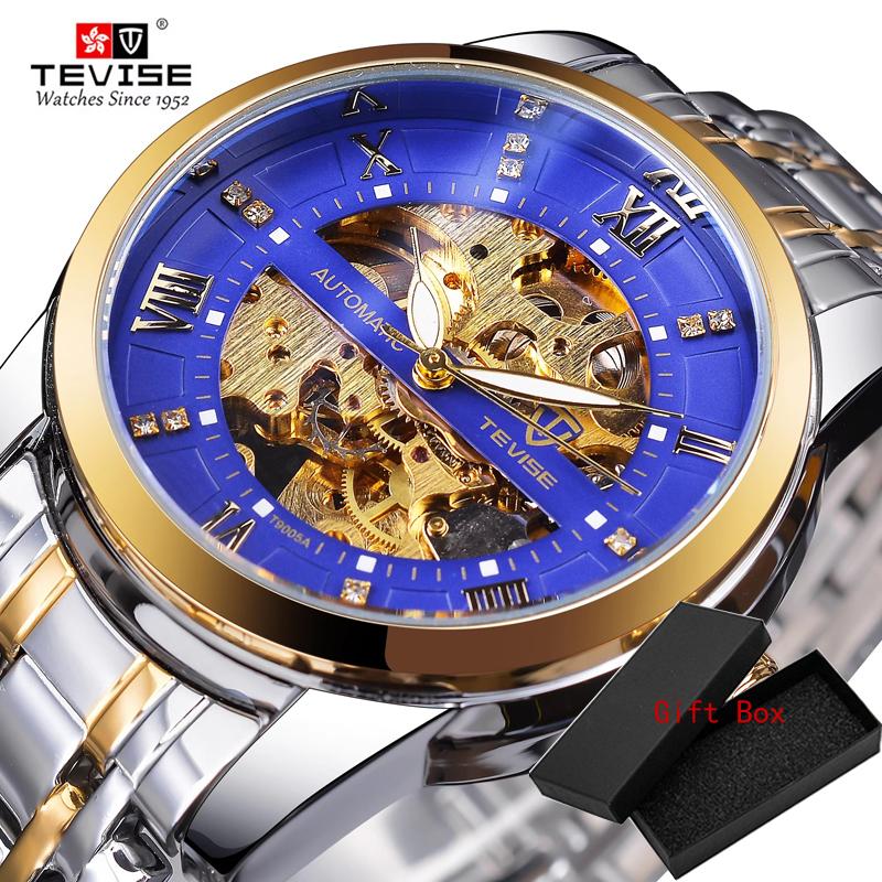 Fashion Tevise Retro Diamond Design Black Gold Mechanical Top Brand Automatic Full Steel Luxury Skeleton Waterproof Wrist Watch