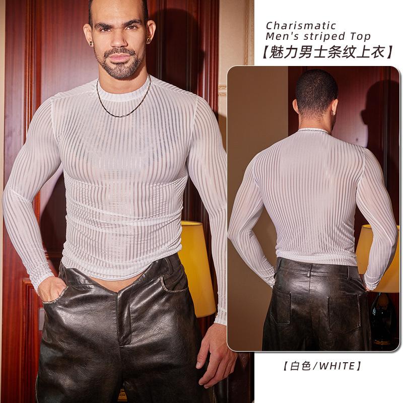 Mens Sexy Tops Stripes Thin See Through Elastic Silky Long Sleeves T Shirt Slim Casual Clubwear Male Hot Sexy Muscle Thin Top