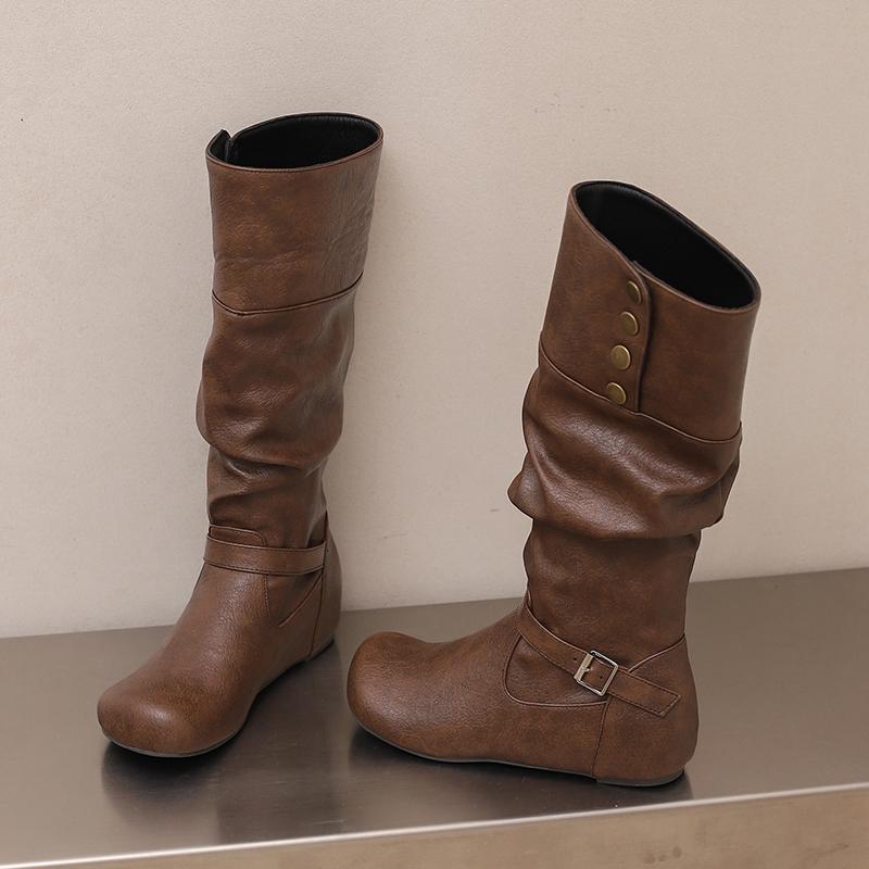 Women's flat-bottomed casual boots autumn and winter new inner height increase solid color large size medium boots