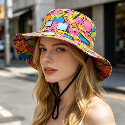 Bucket Hat Large Brim Colorful Geometric Pattern Fisherman Hat Secure Windproof Rope Portable Foldable Sun Protection Hat