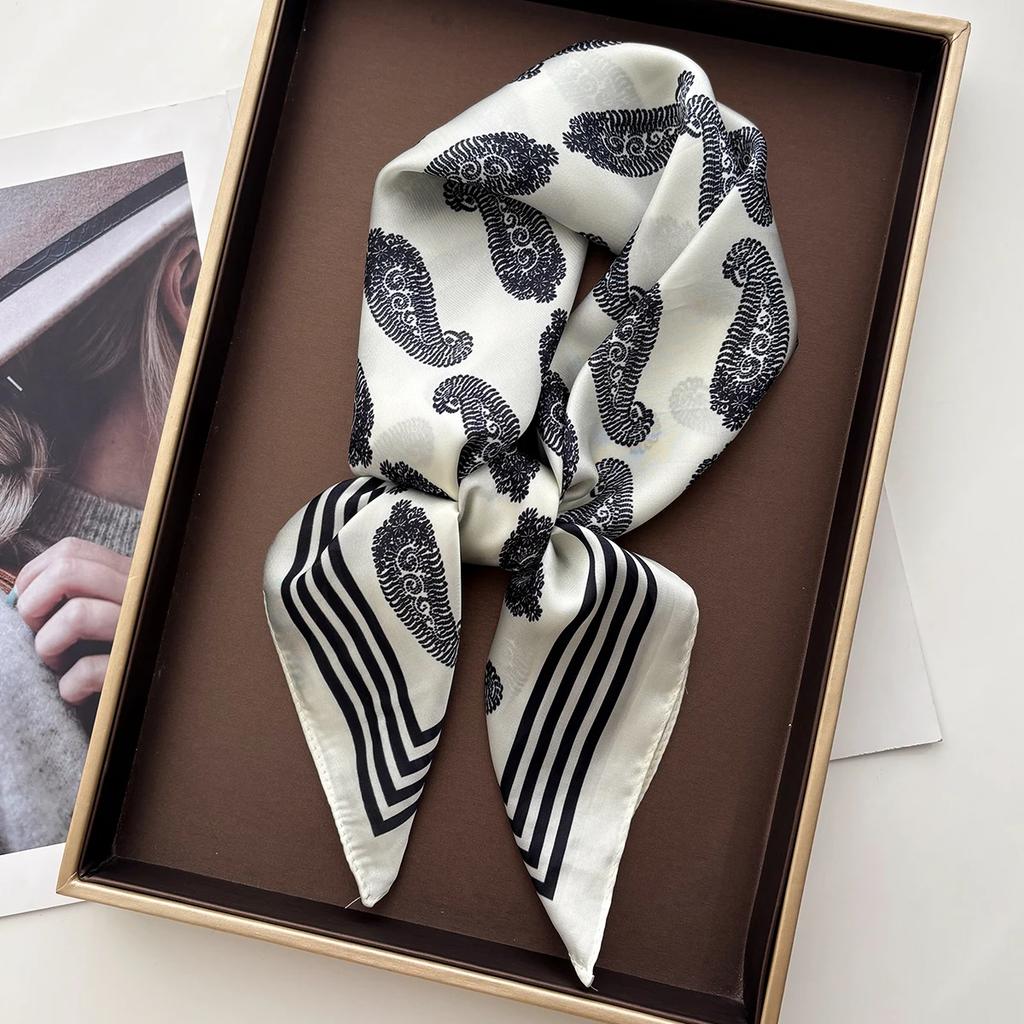 Luxury Square Scarf For Women Fashion Ladies Hijab Elegant Paisley Print Neckerchief Bandanas Soft Stain Faux Silk Scarves Shawl