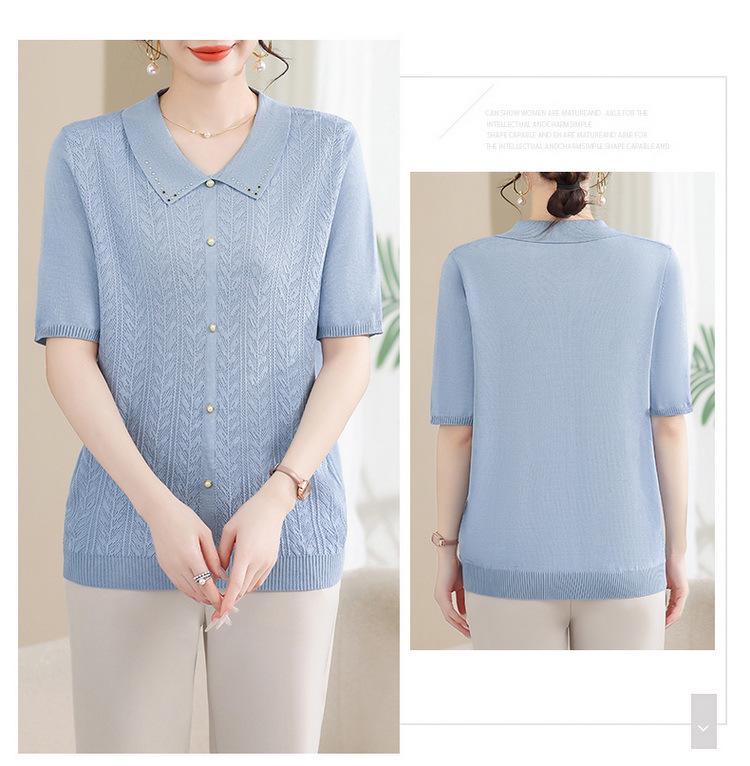 Summer 2025 Ice Silk Knit Doll Collar Cardigan - Women's Short Sleeve Top for Middle-Aged & Elderly