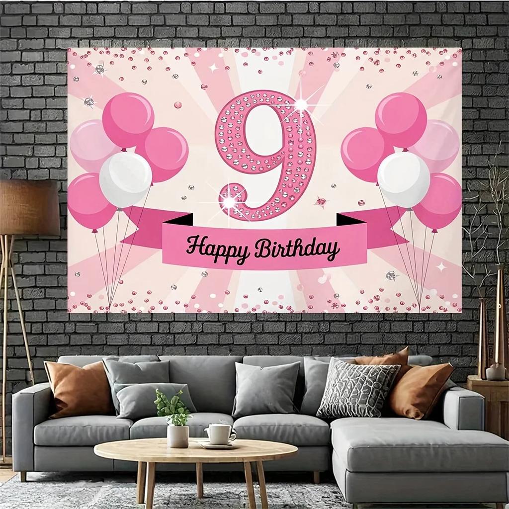 2D planar background banner with a pink-themed "9 Happy Birthday" pattern background fabricDJH