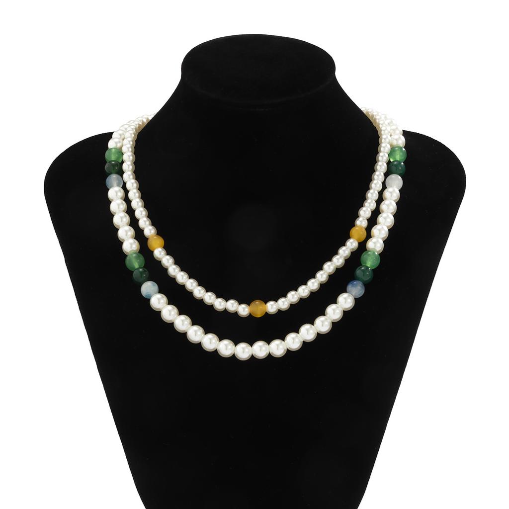 Versatile Autumn Winter New Double Layer Stacked Colorful Spliced Pearl Men's Necklace