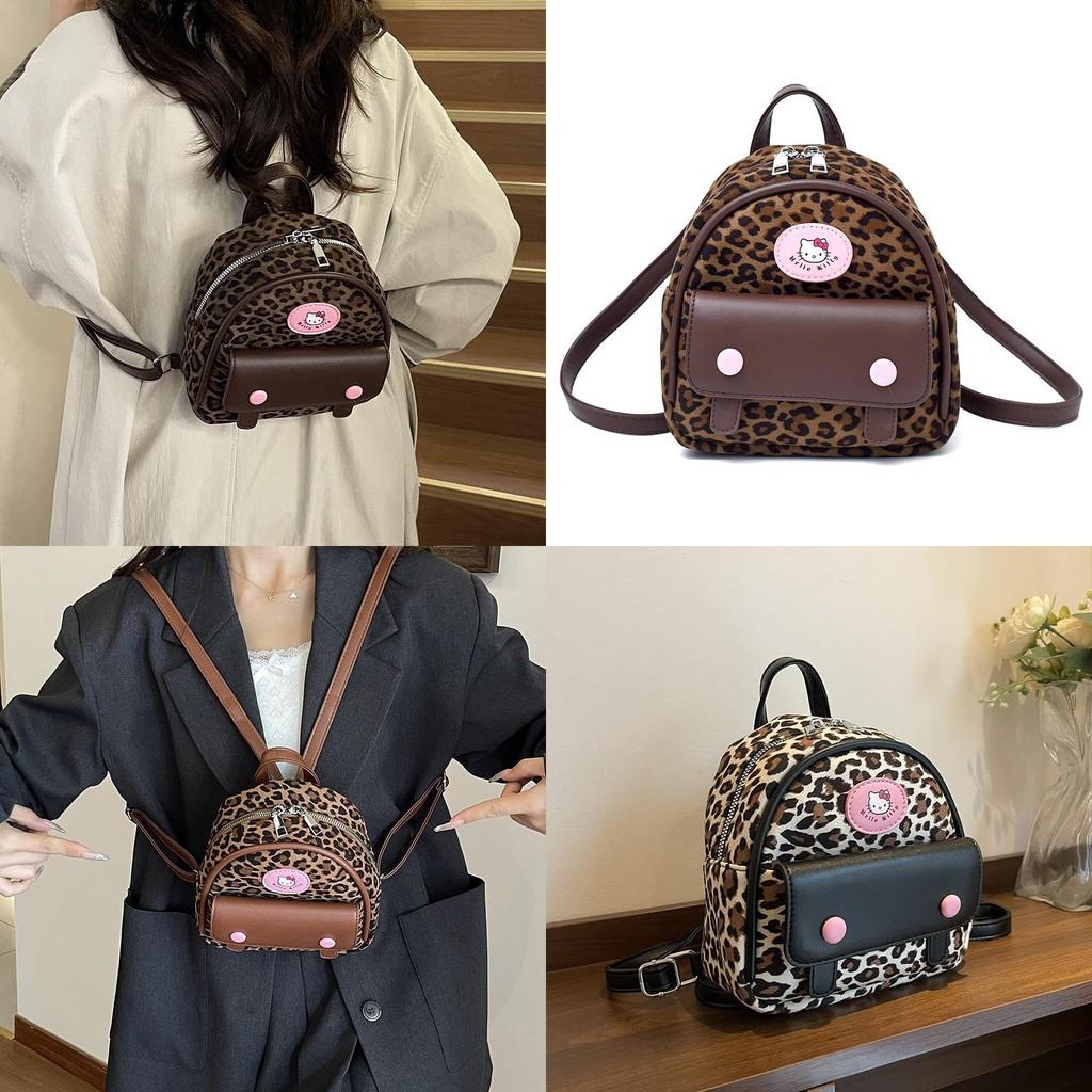 Hello Kitty Fashion Leopard Print Mini Backpack With Zipper Closure For Daily Use