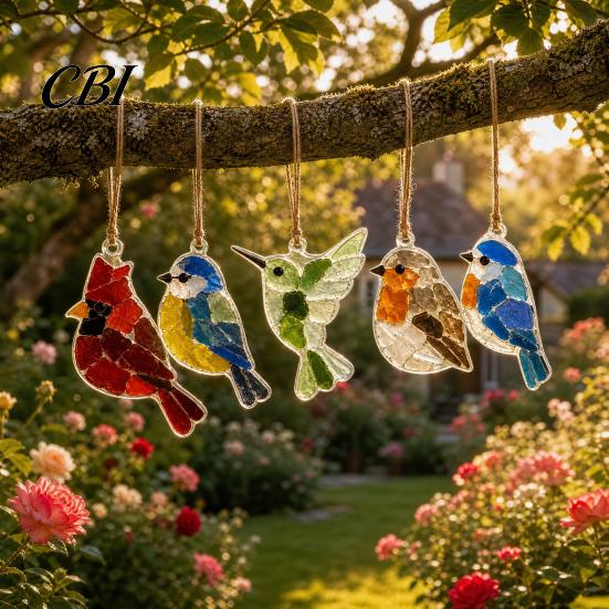 Garden Hanging Ornaments 5Pcs Acrylic Suncatcher Window Hangings, Sea Glass Collage Kit with Birds Farm Animals Marine Creature Decorations