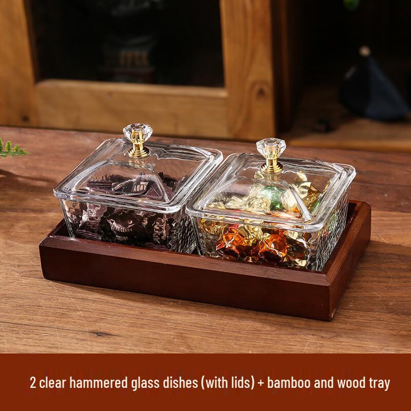 

AQ Transparent Hammered Glass Snack & Fruit Serving Set 2 Glass Dishes + Lid + Bamboo Tray