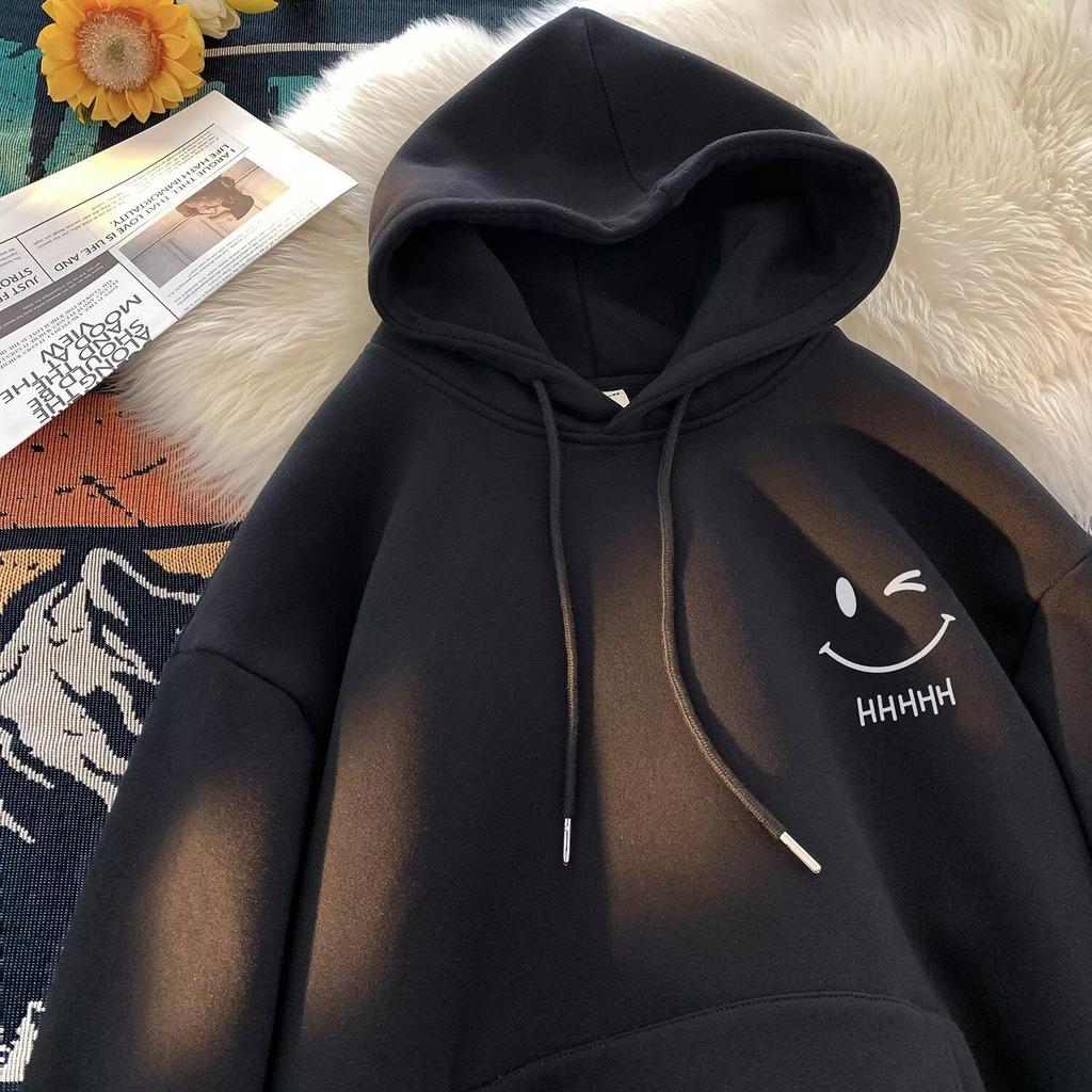 Smiling Face Unisex Hoodie - Spring/Autumn 2024 Trendy Fleece-Lined Loose Fit