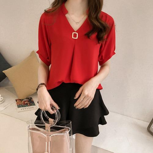 Spring and Summer New Fashion Half Sleeved Simplicity Solid Color Casual Versatile Commuting Elegant V-neck Pullover T-shirt