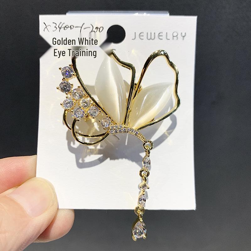 French Light Luxury Butterfly Brooch with Cat's Eye Tassel for Suits