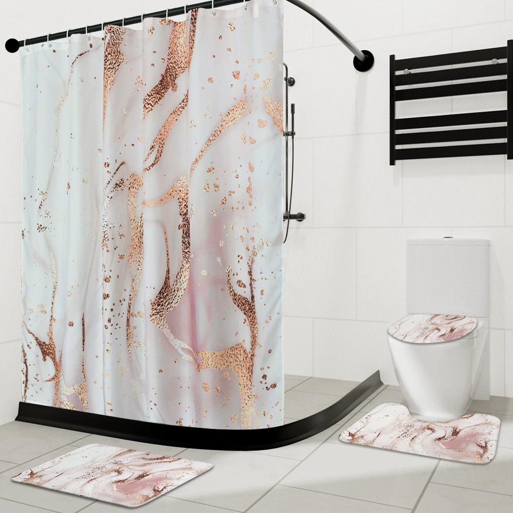 Marble Shower Curtain Set Creative Watercolor Ink Art Geometric Modern Bathroom Decor Floor Rug Bath Mats Toilet Lid Cover