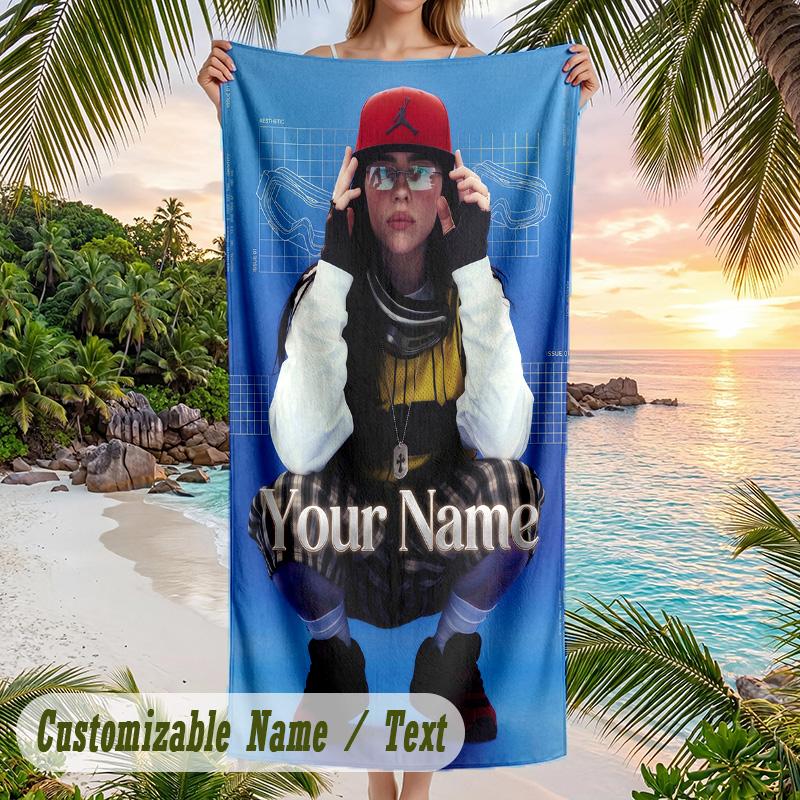Billie Eilish Beach Towel, Personalized Custom Name Text, Quick Dry Large Absorbent Towel For Beach Pool