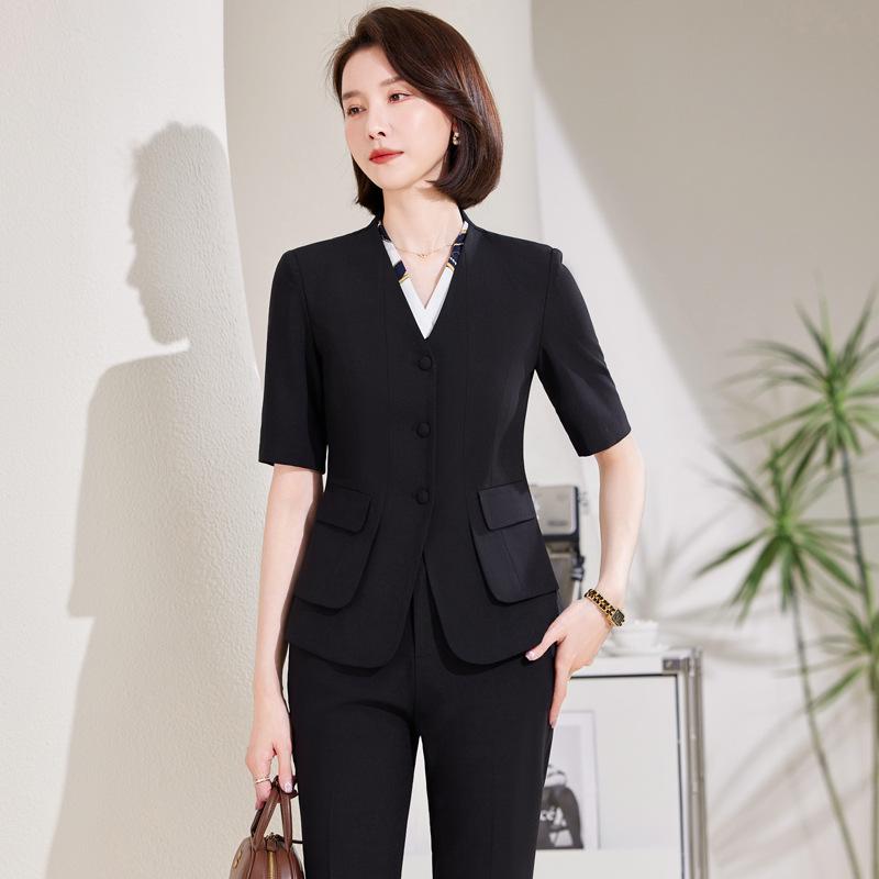 Women's Black Short Sleeve Professional Suit Set for Summer - Elegant Front Desk and Salon Workwear
