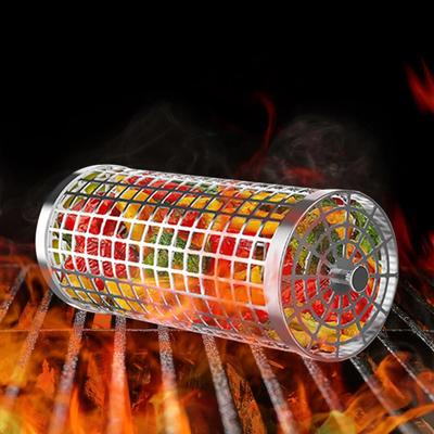 2/5 Stück Grillkorb zum Rollen, Edelstahl-Zylinder-Netzrohr, Grillkäfig, Multifunktion für Gemüse, Obst, Pommes Frites